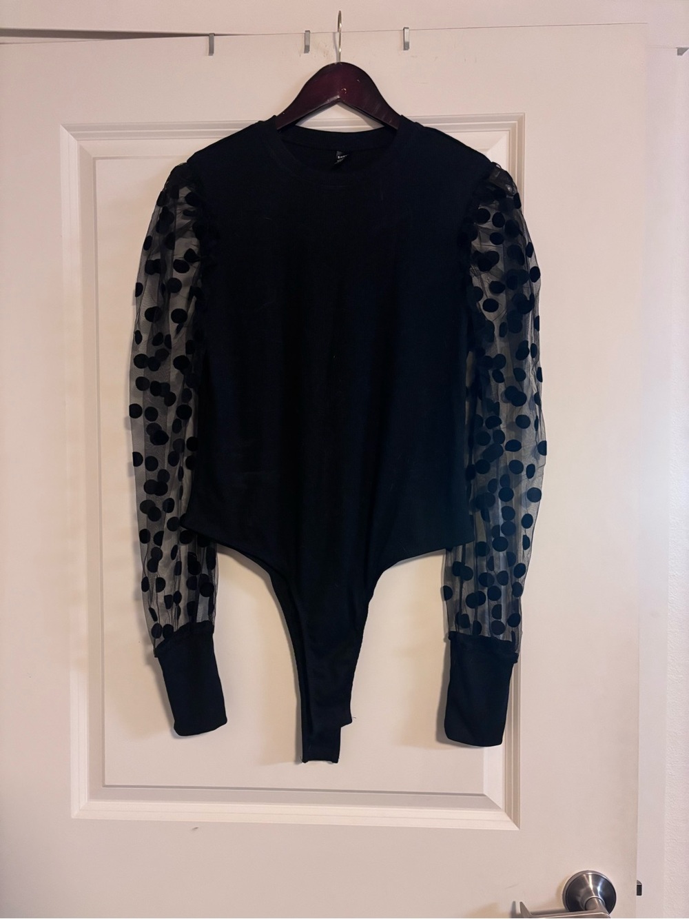 SHEIN Black Polka Dot Mesh Puff Sleeve Bodysuit